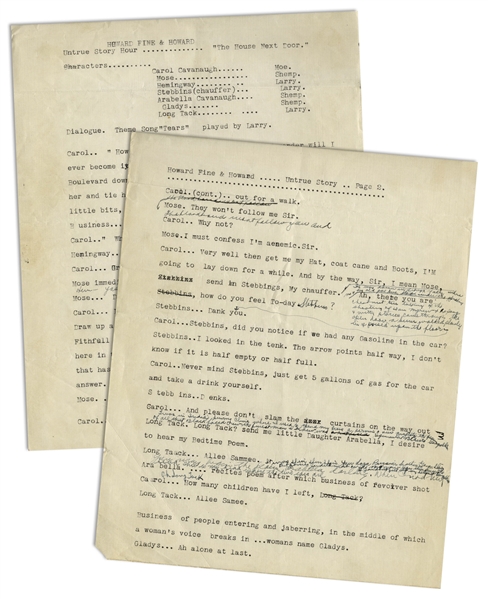 Moe Howard's 2pp. Script From the Early 1930s for the Howard, Fine & Howard Theatrical Show -- With Annotations in Moe's Hand -- On Two Separate Sheets Measuring 8'' x 10'' -- Very Good Condition